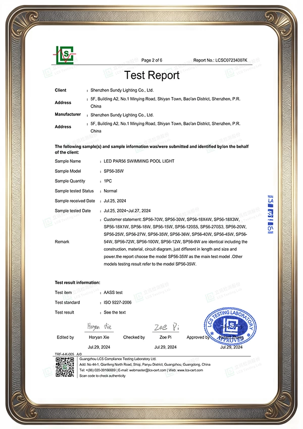 AASS salt spray aging test report for 316 stainless steel LED pool light housing