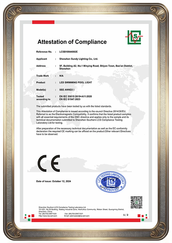 CE certificate for LED pool light used in fiberglass swimming pool, 316 stainless steel housing