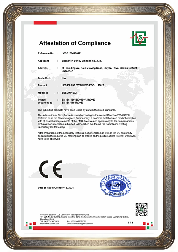 CE EMC compliance certificate for 316 stainless steel PAR56 LED swimming pool light, Sundy Lighting