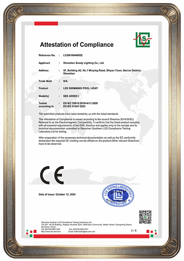 CE compliance certificate for 316 stainless steel wall mounted LED pool light