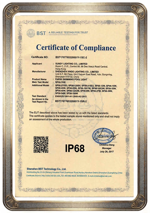 IP68 waterproof compliance certificate for PAR56 LED pool light