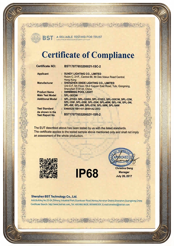 IP68 waterproof certificate for SPL series LED swimming pool lights