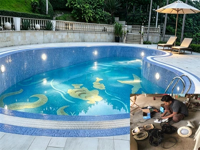 LED swimming pool light replacement, residential private pool renovation & on‑site installation project, IP68 waterproof underwater fixture
