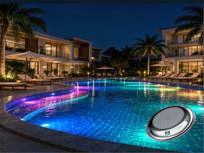 RGBW color‑changing inground LED pool light, luxury villa swimming pool lighting project case, 316SS IP68 underwater lamp