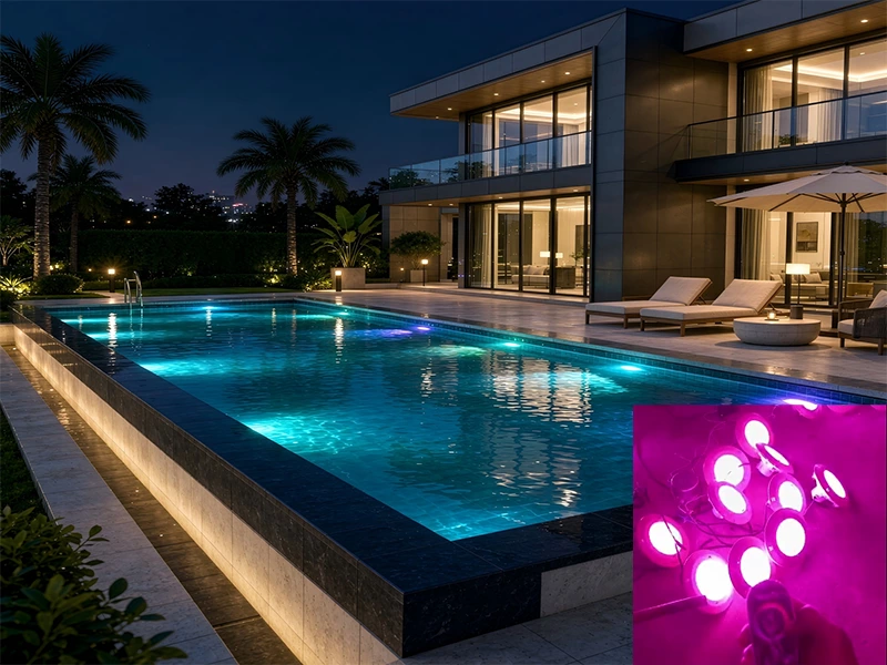 WiFi DMX controllable RGB LED pool lights, modern infinity villa swimming pool lighting solution, IP68 316 stainless steel underwater lamps